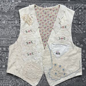 Vintage Patchwork Vest Doilies Cross Stitch Handmade Upcycle Large Cottagecore